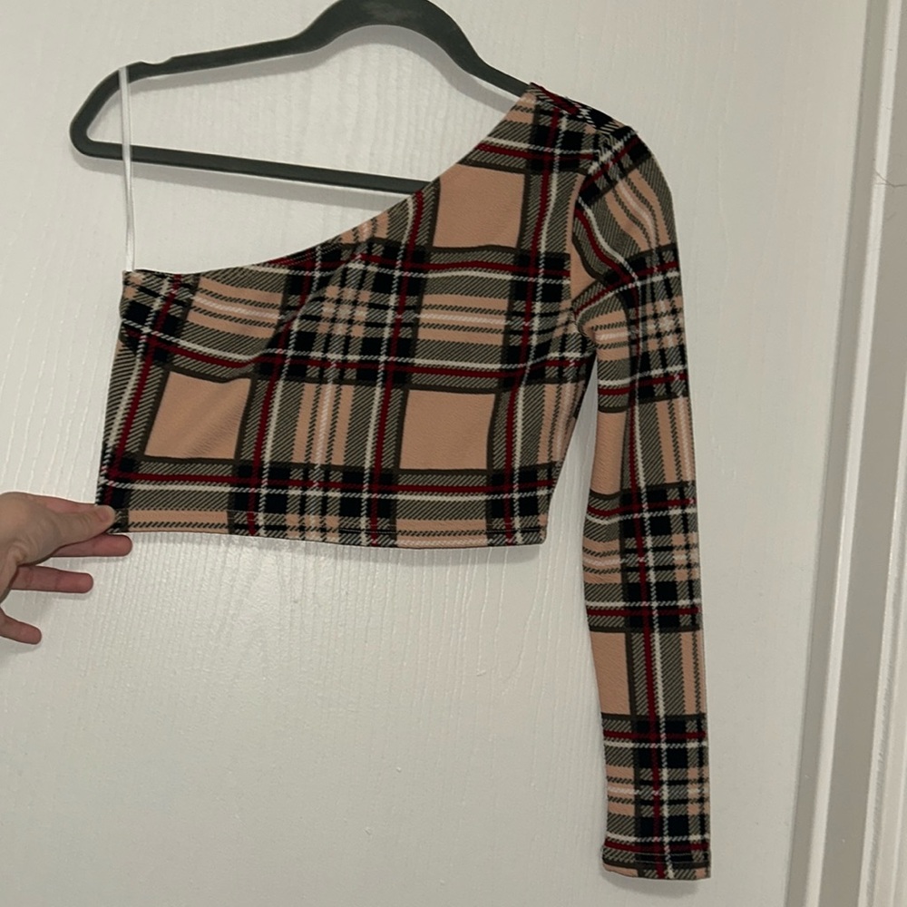 Shein Plaid One Sleeve Crop Top — Size Medium